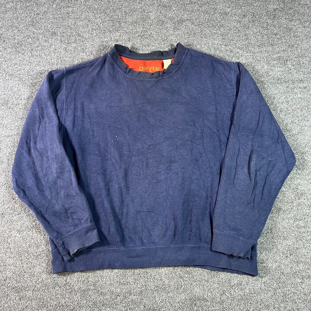 Vintage Orvis Sweatshirt Men's XL Blue 100% Cotton Ribbed Oversized Outdoor 90s